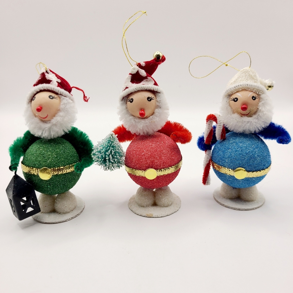 Christopher Radko Shiny Brite Sparkle Town Wiggle Head Elf Trio Ornaments